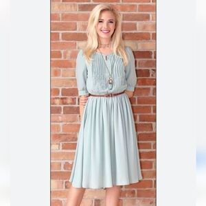 Light Blue Pleated Front Midi Dress